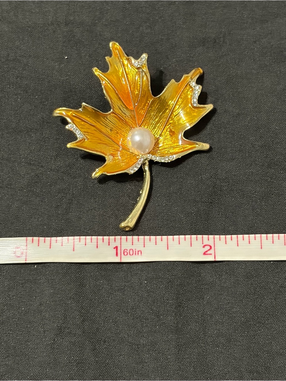 Golden Maple Leaf Brooch with Pearl Accent - Picture 6 of 6
